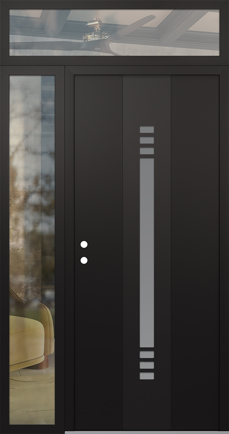 Modern Steel Front Door DIAMOND A5 50" X 96" BLACK/WHITE FROSTED GLASS PANEL BLACK RHI WITH SIDELITE AND TRANSOM CLEAR GLASS