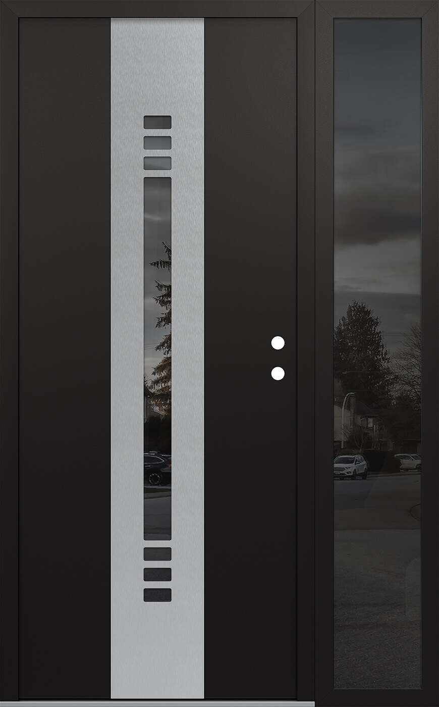 Modern Steel Front Door DIAMOND A5 52" X 80" BLACK/BLACK MIRRORED GLASS PANEL STAINLESS STEEL LHI WITH SIDELITE MIRRORED GLASS