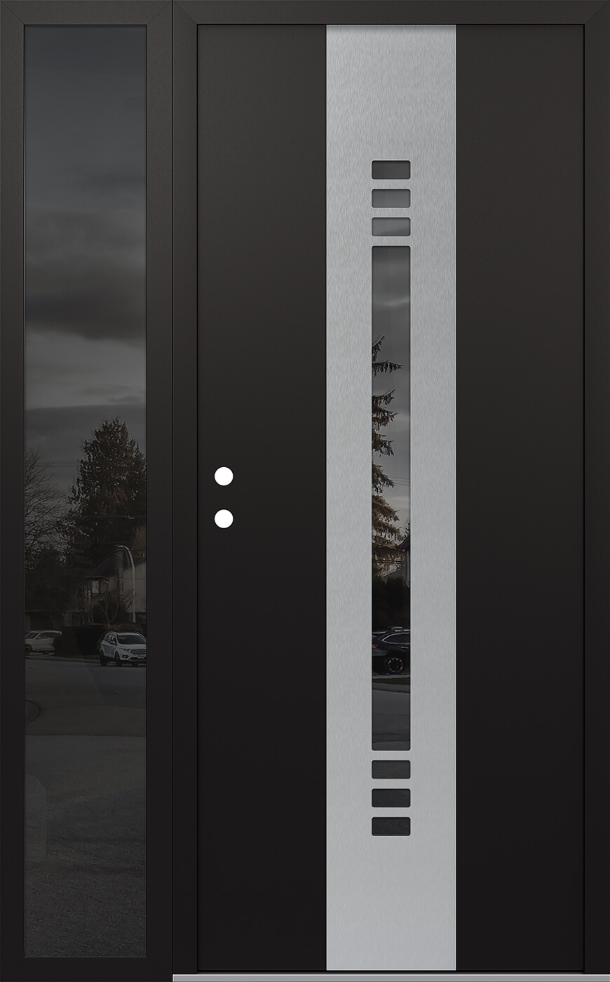 Modern Steel Front Door DIAMOND A5 52" X 80" BLACK/BLACK MIRRORED GLASS PANEL STAINLESS STEEL RHI WITH SIDELITE MIRRORED GLASS