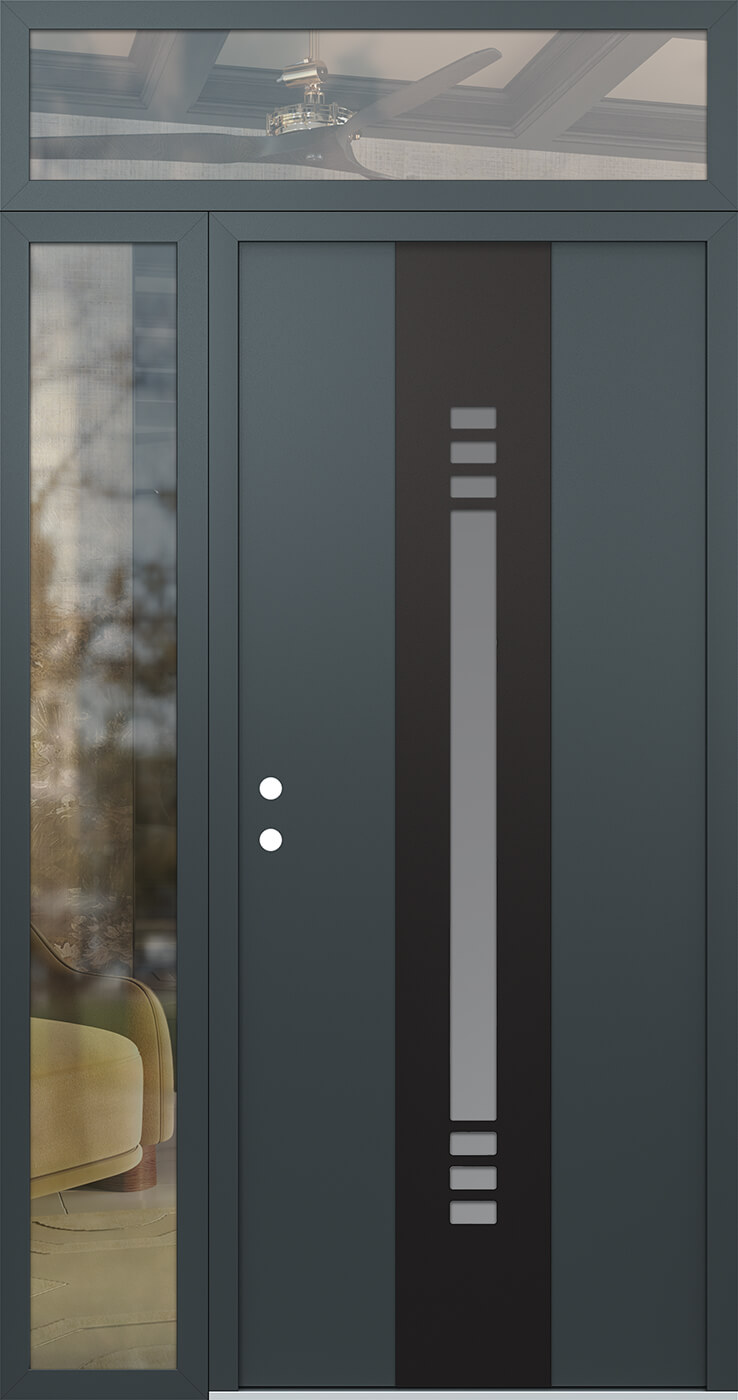 Modern Steel Front Door DIAMOND A5 52" X 96" ANTHRACITE/ANTHRACITE FROSTED GLASS PANEL BLACK RHI WITH SIDELITE AND TRANSOM CLEAR GLASS