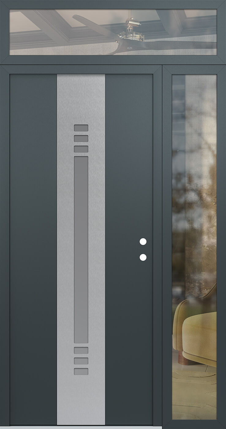 Modern Steel Front Door DIAMOND A5 52" X 96" ANTHRACITE/ANTHRACITE FROSTED GLASS PANEL STAINLESS STEEL LHI WITH SIDELITE AND TRANSOM CLEAR GLASS