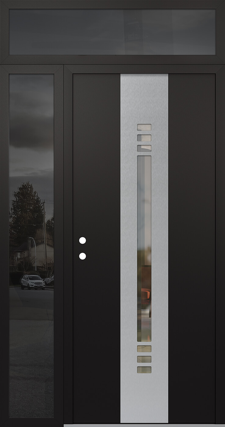 Modern Steel Front Door DIAMOND A5 52" X 96" BLACK/BLACK CLEAR GLASS PANEL STAINLESS STEEL RHI WITH SIDELITE AND TRANSOM MIRRORED GLASS