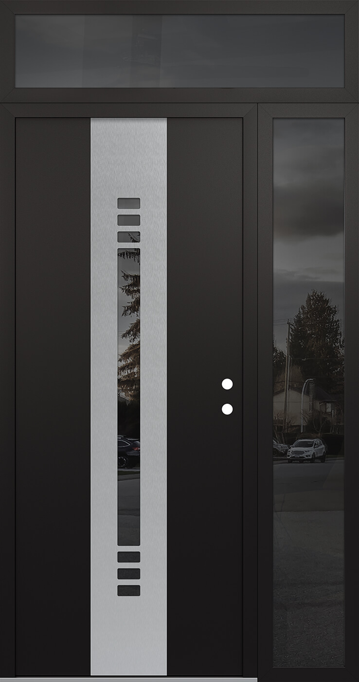 Modern Steel Front Door DIAMOND A5 52" X 96" BLACK/BLACK MIRRORED GLASS PANEL STAINLESS STEEL LHI WITH SIDELITE AND TRANSOM MIRRORED GLASS