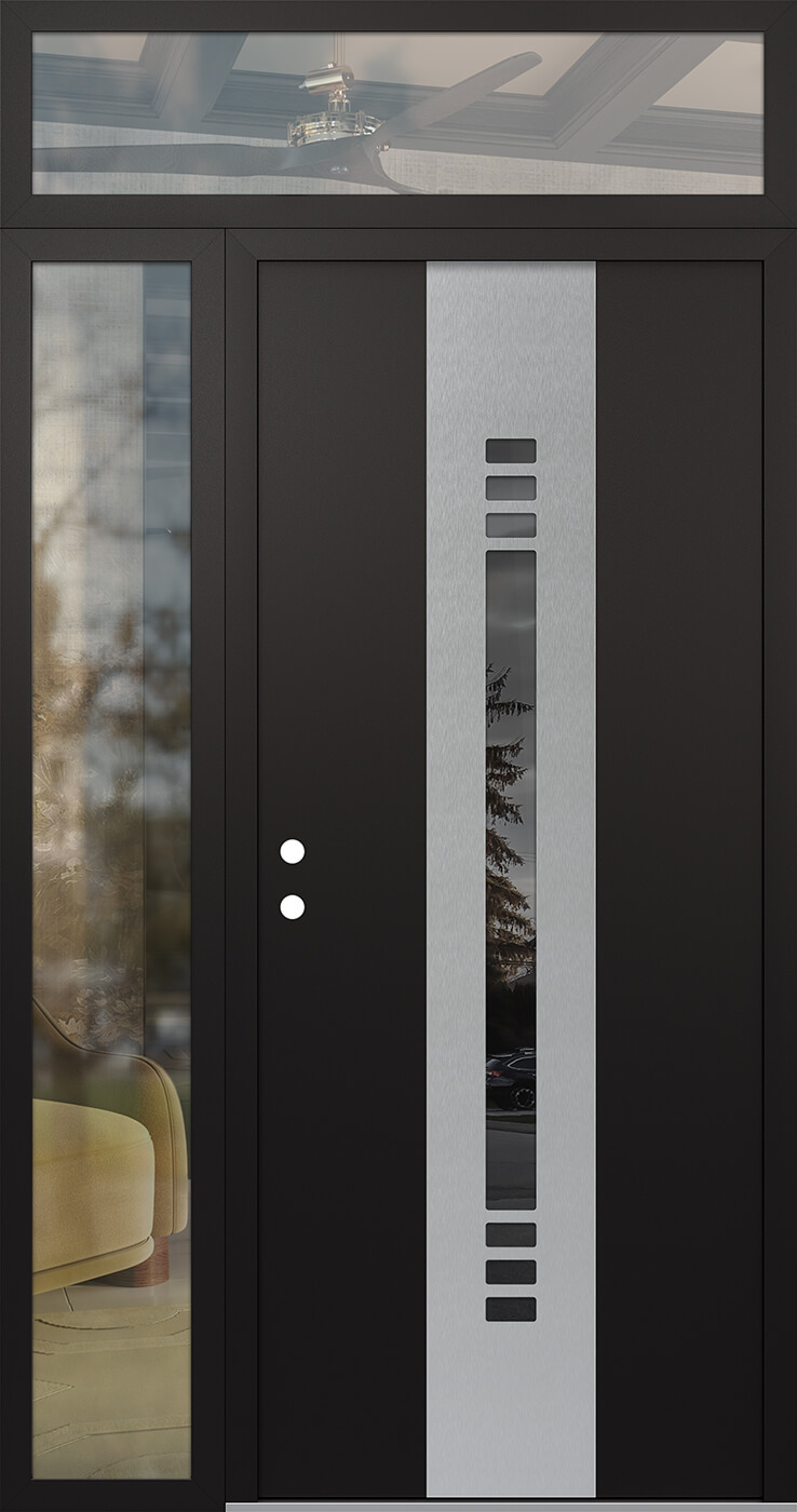 Modern Steel Front Door DIAMOND A5 52" X 96" BLACK/BLACK MIRRORED GLASS PANEL STAINLESS STEEL RHI WITH SIDELITE AND TRANSOM CLEAR GLASS