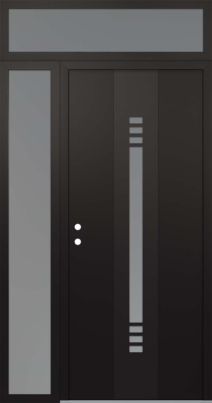 Modern Steel Front Door DIAMOND A5 52" X 96" BLACK/WHITE FROSTED GLASS PANEL BLACK RHI WITH SIDELITE AND TRANSOM FROSTED GLASS