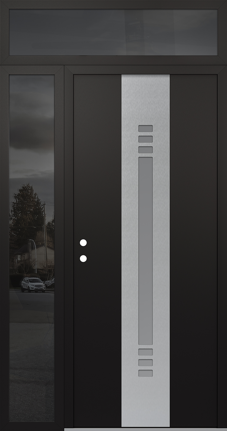 Modern Steel Front Door DIAMOND A5 52" X 96" BLACK/WHITE FROSTED GLASS PANEL STAINLESS STEEL RHI WITH SIDELITE AND TRANSOM MIRRORED GLASS