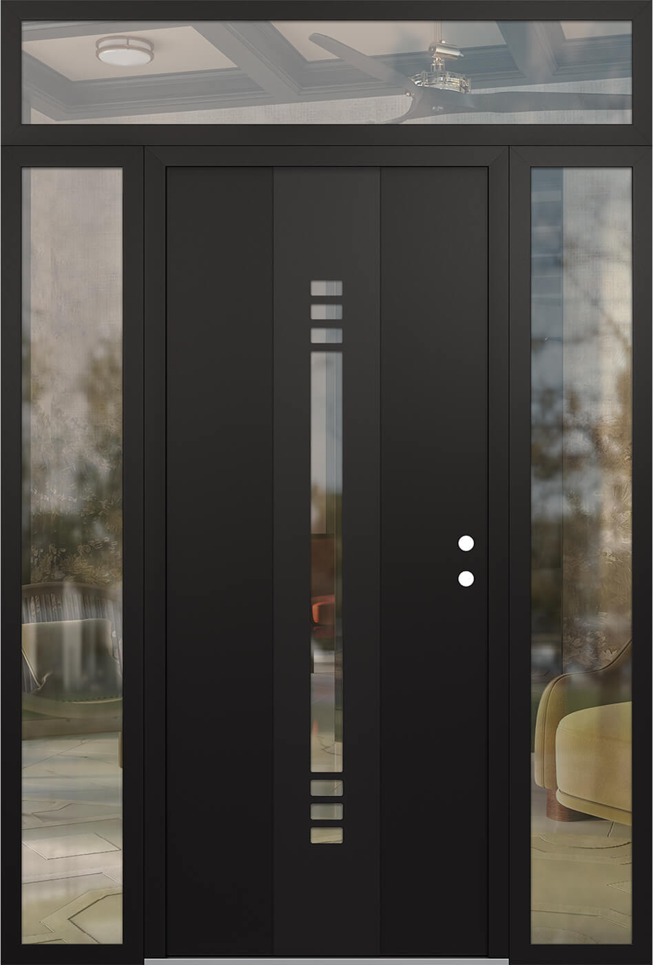 Modern Steel Front Door DIAMOND A5 60" X 96" BLACK/BLACK CLEAR GLASS PANEL BLACK LHI WITH 2 SIDELITES AND TRANSOM CLEAR GLASS