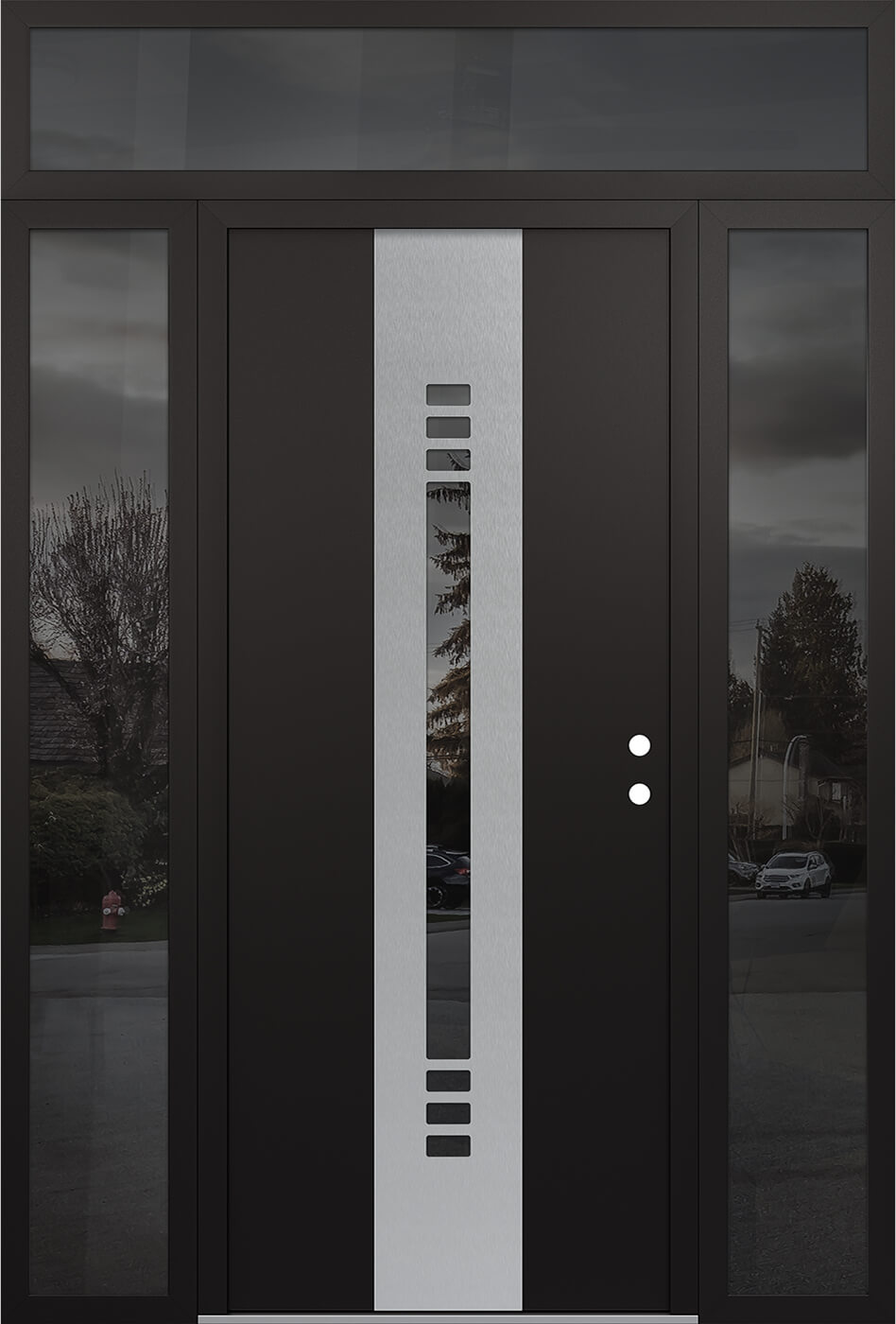 Modern Steel Front Door DIAMOND A5 60" X 96" BLACK/BLACK MIRRORED GLASS PANEL STAINLESS STEEL LHI WITH 2 SIDELITES AND TRANSOM MIRRORED GLASS