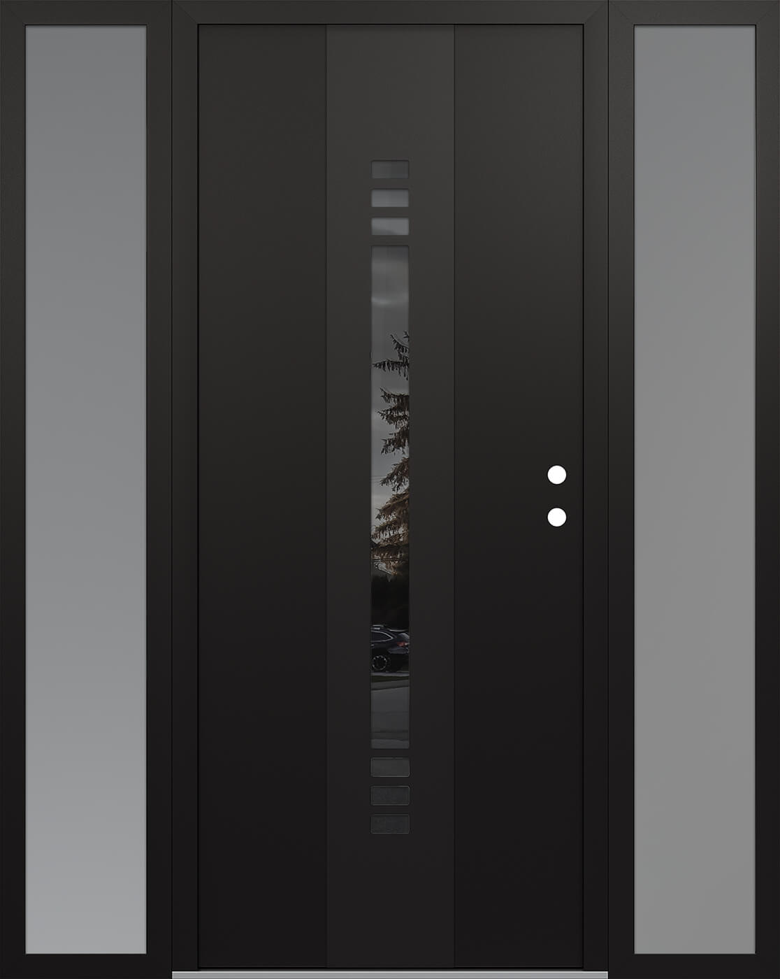Modern Steel Front Door DIAMOND A5 64" X 80" BLACK/BLACK MIRRORED GLASS PANEL BLACK LHI WITH 2 SIDELITES FROSTED GLASS