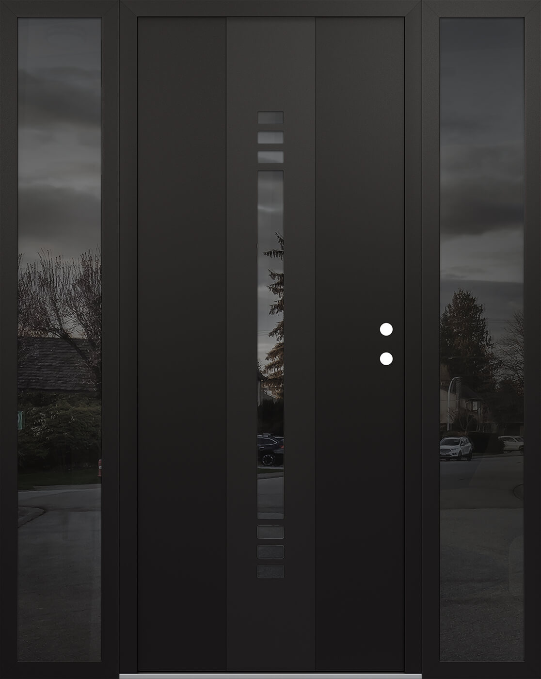 Modern Steel Front Door DIAMOND A5 64" X 80" BLACK/BLACK MIRRORED GLASS PANEL BLACK LHI WITH 2 SIDELITES MIRRORED GLASS