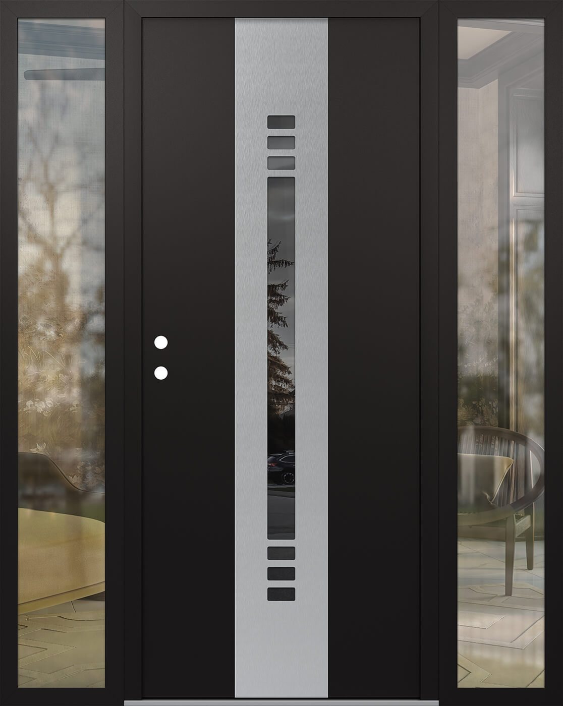 Modern Steel Front Door DIAMOND A5 64" X 80" BLACK/BLACK MIRRORED GLASS PANEL STAINLESS STEEL RHI WITH 2 SIDELITES CLEAR GLASS