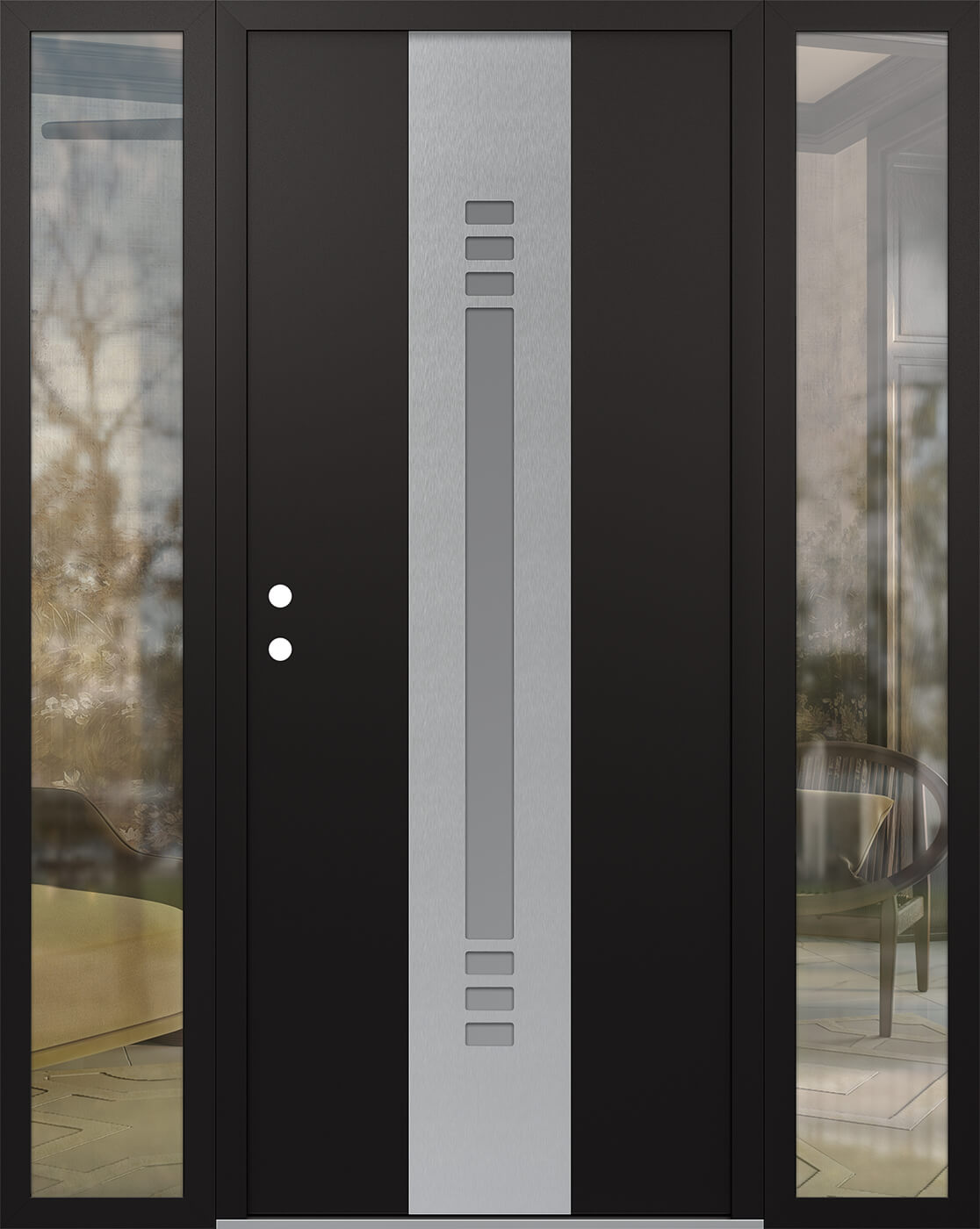 Modern Steel Front Door DIAMOND A5 64" X 80" BLACK/WHITE FROSTED GLASS PANEL STAINLESS STEEL RHI WITH 2 SIDELITES CLEAR GLASS