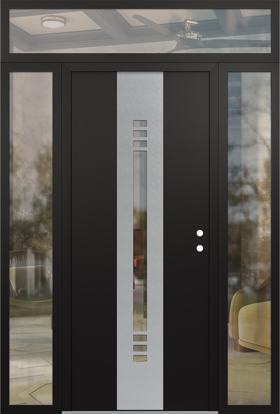 Modern Steel Front Door DIAMOND A5 64" X 96" BLACK/BLACK CLEAR GLASS PANEL STAINLESS STEEL LHI WITH 2 SIDELITES AND TRANSOM CLEAR GLASS