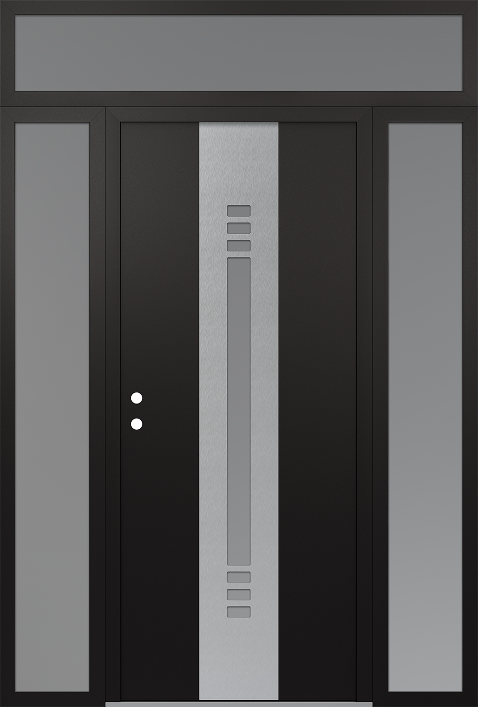 Modern Steel Front Door DIAMOND A5 64" X 96" BLACK/WHITE FROSTED GLASS PANEL STAINLESS STEEL RHI WITH 2 SIDELITES AND TRANSOM FROSTED GLASS