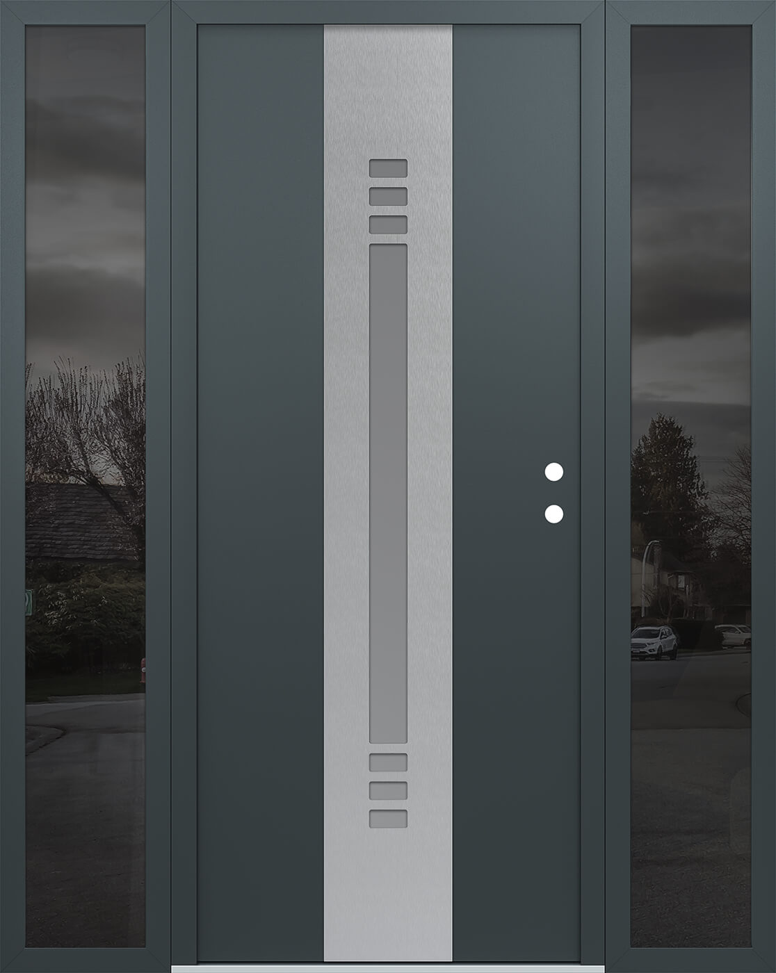 Modern Steel Front Door DIAMOND A5 68" X 80" ANTHRACITE/ANTHRACITE FROSTED GLASS PANEL STAINLESS STEEL LHI WITH 2 SIDELITES MIRRORED GLASS