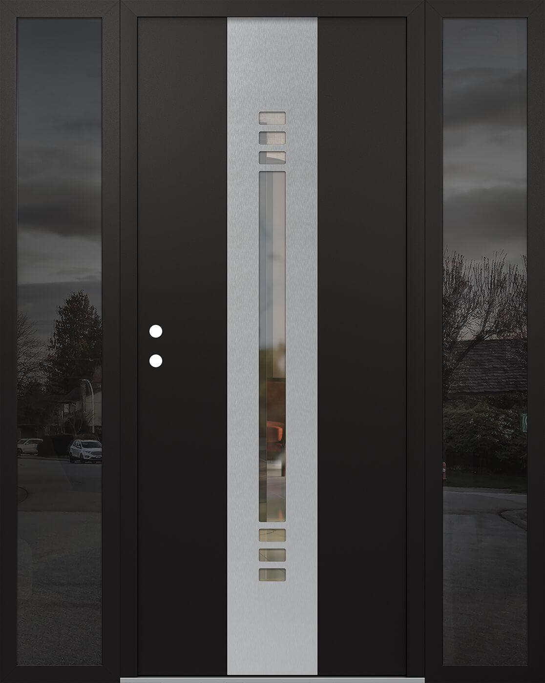 Modern Steel Front Door DIAMOND A5 68" X 80" BLACK/BLACK CLEAR GLASS PANEL STAINLESS STEEL RHI WITH 2 SIDELITES MIRRORED GLASS