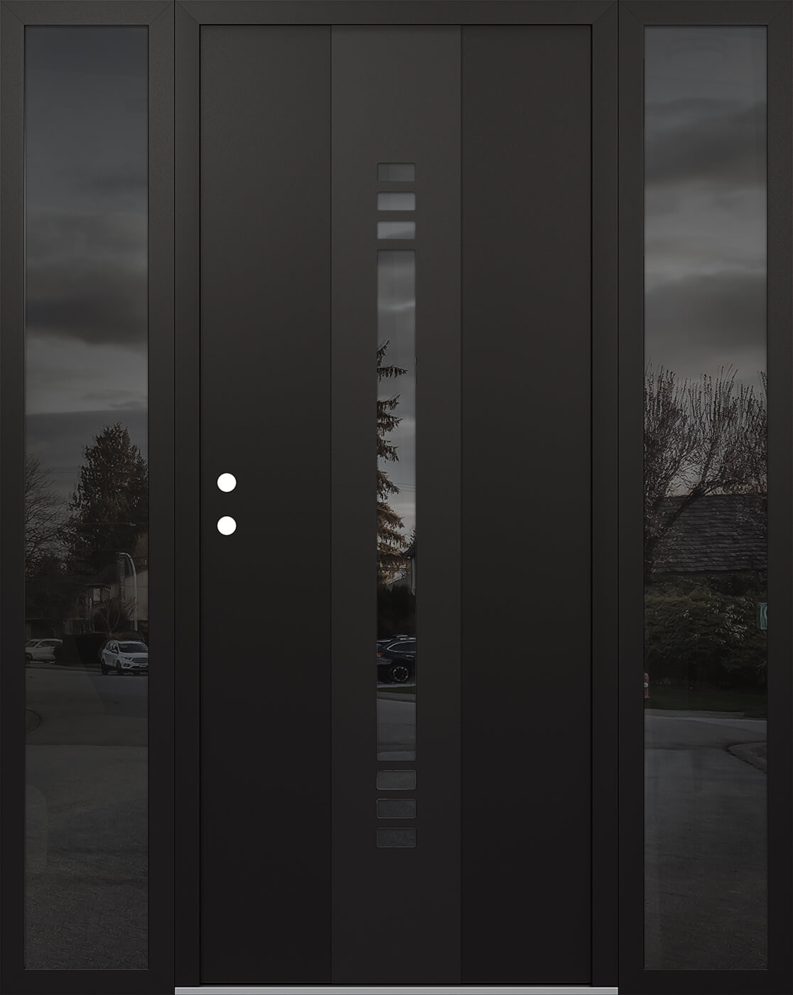 Modern Steel Front Door DIAMOND A5 68" X 80" BLACK/BLACK MIRRORED GLASS PANEL BLACK RHI WITH 2 SIDELITES MIRRORED GLASS