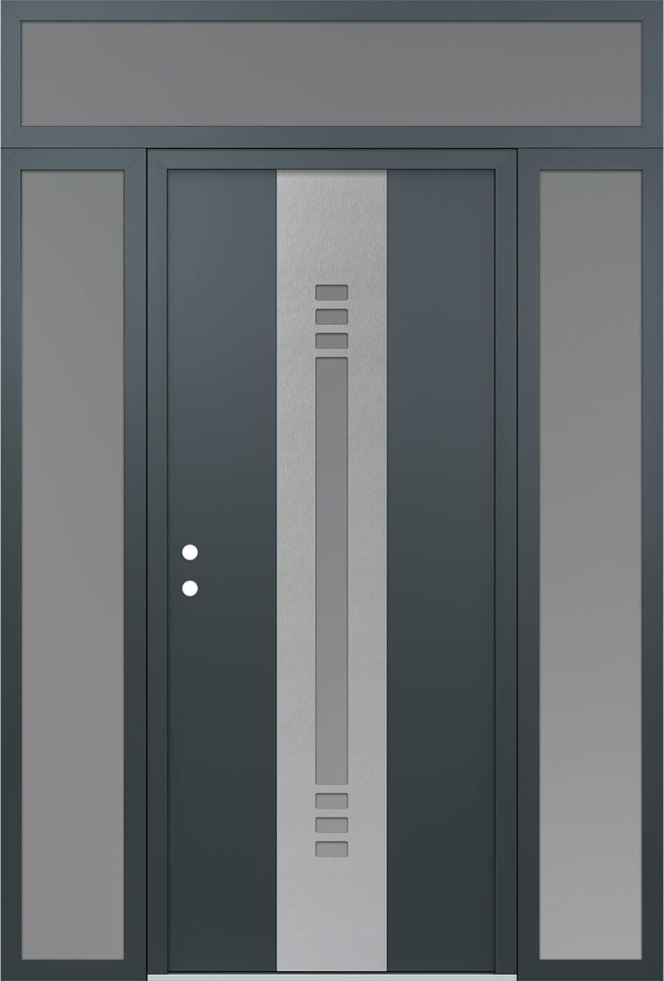 Modern Steel Front Door DIAMOND A5 68" X 96" ANTHRACITE/ANTHRACITE FROSTED GLASS PANEL STAINLESS STEEL RHI WITH 2 SIDELITES AND TRANSOM FROSTED GLASS