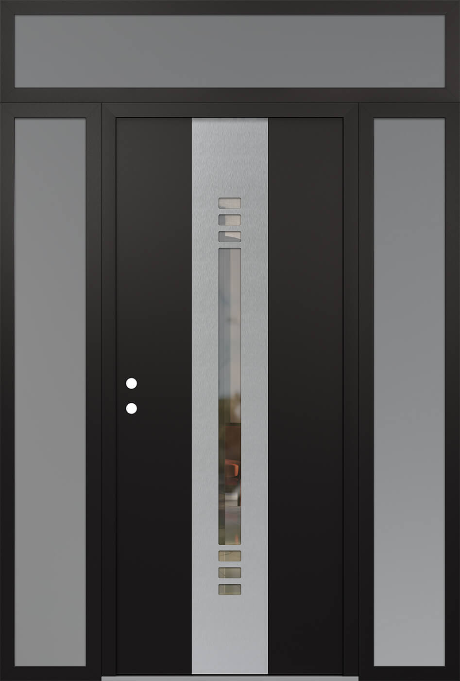 Modern Steel Front Door DIAMOND A5 68" X 96" BLACK/BLACK CLEAR GLASS PANEL STAINLESS STEEL RHI WITH 2 SIDELITES AND TRANSOM FROSTED GLASS