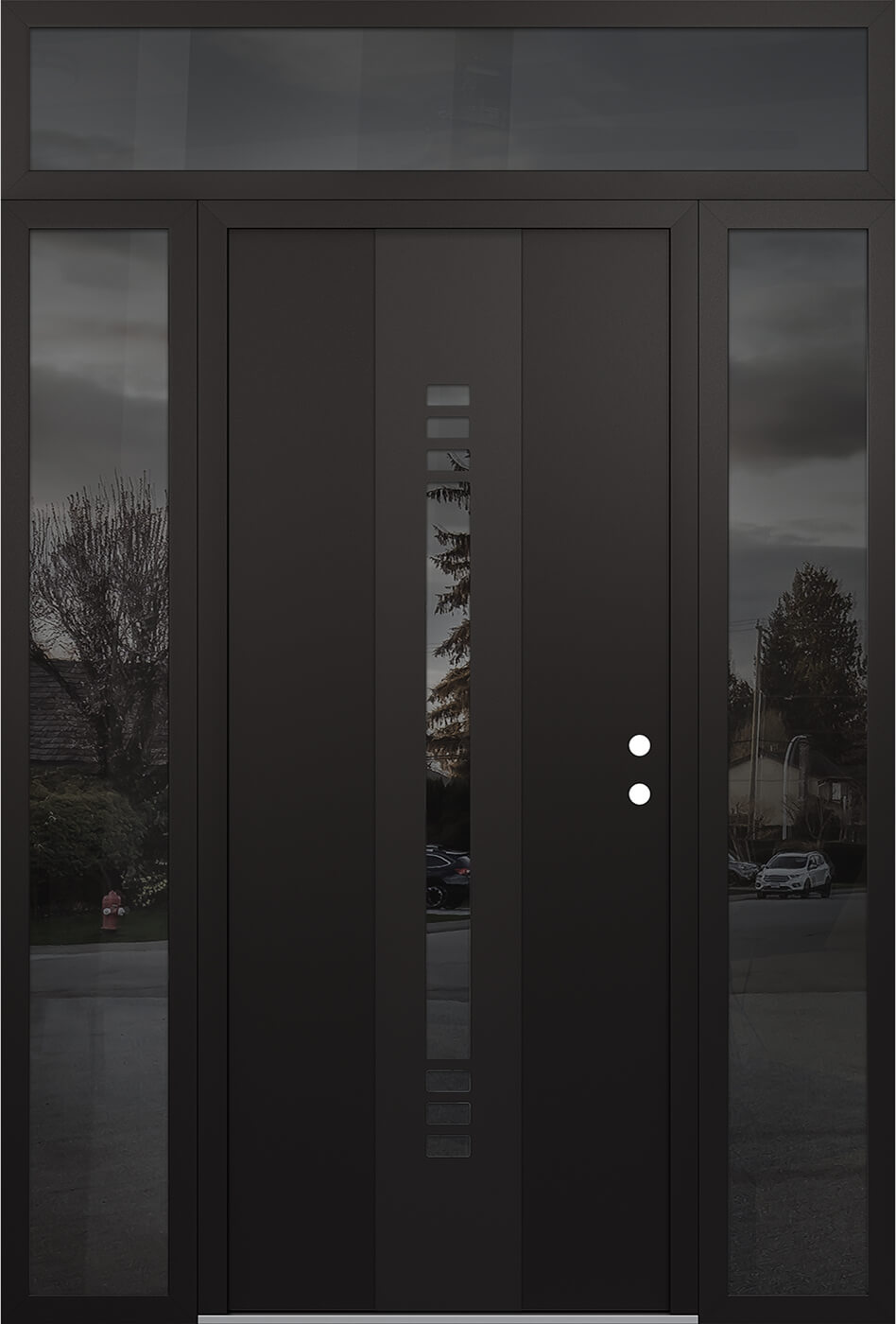 Modern Steel Front Door DIAMOND A5 68" X 96" BLACK/BLACK MIRRORED GLASS PANEL BLACK LHI WITH 2 SIDELITES AND TRANSOM MIRRORED GLASS