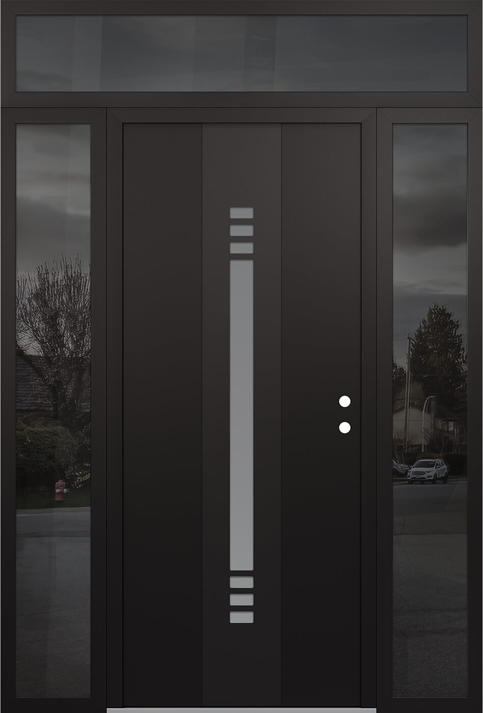 Modern Steel Front Door DIAMOND A5 68" X 96" BLACK/WHITE FROSTED GLASS PANEL BLACK LHI WITH 2 SIDELITES AND TRANSOM MIRRORED GLASS