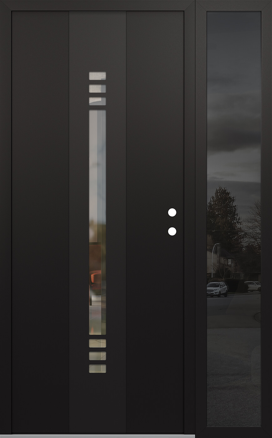 Modern Steel Front Door DIAMOND A5 48" X 80" BLACK/BLACK CLEAR GLASS PANEL BLACK LHI WITH SIDELITE MIRRORED GLASS