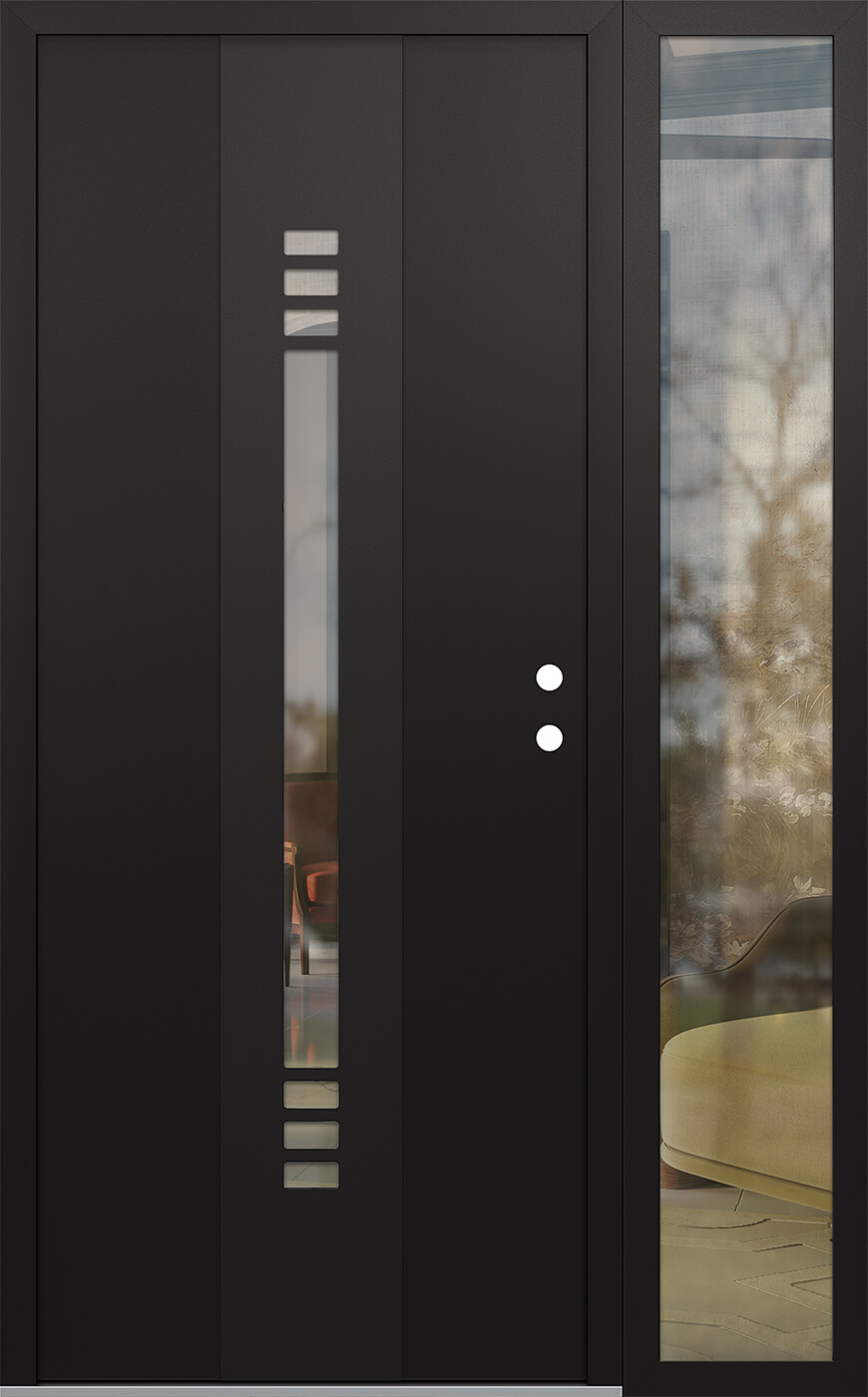 Modern Steel Front Door DIAMOND A5 50" X 80" BLACK/BLACK CLEAR GLASS PANEL BLACK LHI WITH SIDELITE CLEAR GLASS