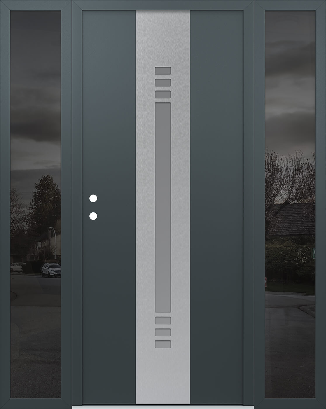 Modern Steel Front Door DIAMOND A5 60" X 80" ANTHRACITE/ANTHRACITE FROSTED GLASS PANEL STAINLESS STEEL RHI WITH 2 SIDELITES FROSTED GLASS