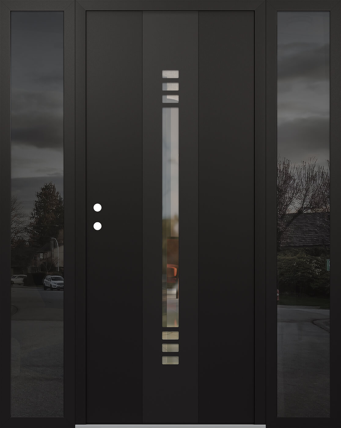 Modern Steel Front Door DIAMOND A5 60" X 80" BLACK/BLACK CLEAR GLASS PANEL BLACK RHI WITH 2 SIDELITES FROSTED GLASS
