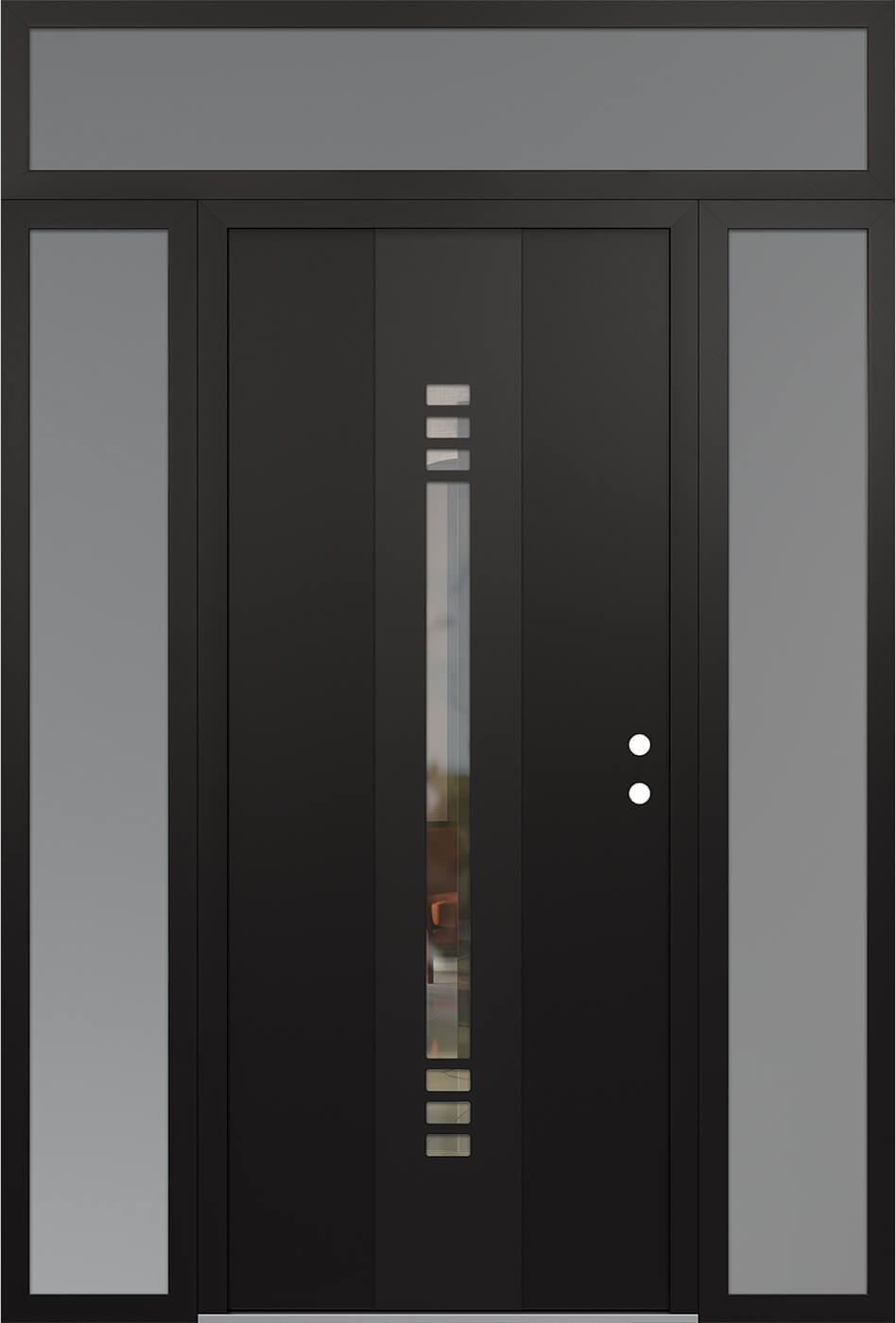 Modern Steel Front Door DIAMOND A5 60" X 96" BLACK/BLACK CLEAR GLASS PANEL BLACK LHI WITH 2 SIDELITES AND TRANSOM MIRRORED GLASS
