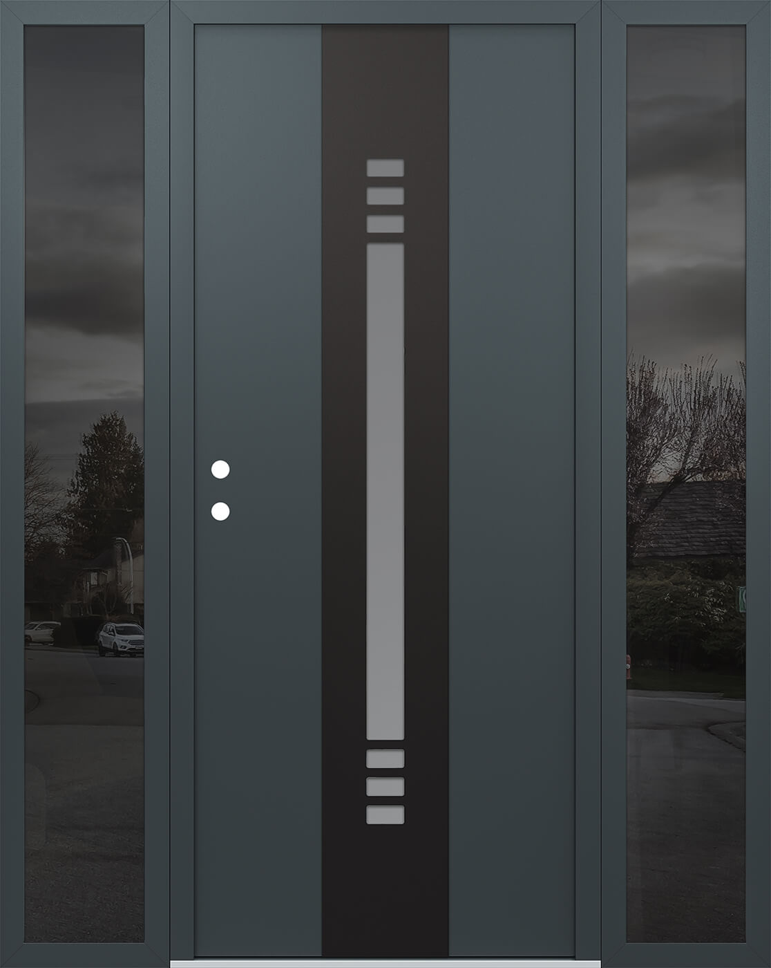 Modern Steel Front Door DIAMOND A5 64" X 80" ANTHRACITE/ANTHRACITE FROSTED GLASS PANEL BLACK RHI WITH 2 SIDELITES FROSTED GLASS