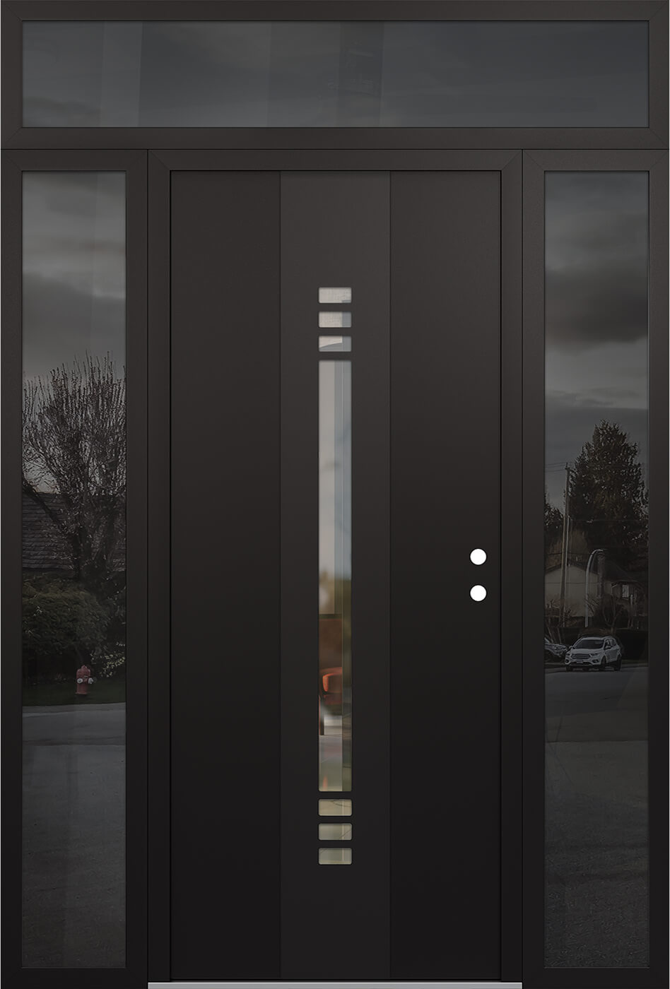 Modern Steel Front Door DIAMOND A5 64" X 96" BLACK/BLACK CLEAR GLASS PANEL BLACK LHI WITH 2 SIDELITES AND TRANSOM CLEAR GLASS