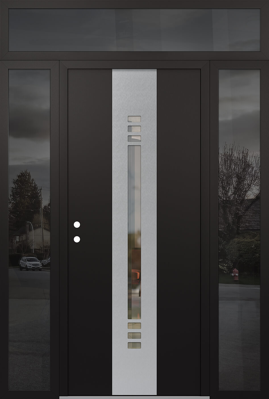 Modern Steel Front Door DIAMOND A5 64" X 96" BLACK/BLACK CLEAR GLASS PANEL STAINLESS STEEL RHI WITH 2 SIDELITES AND TRANSOM FROSTED GLASS