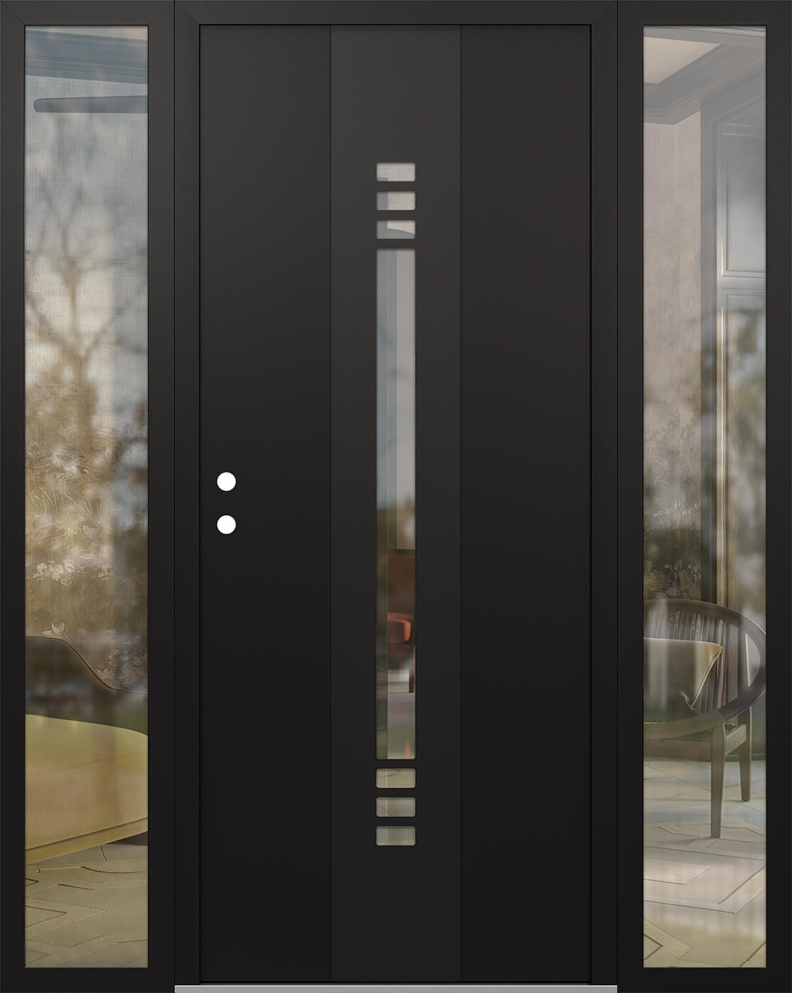 Modern Steel Front Door DIAMOND A5 68" X 80" BLACK/BLACK CLEAR GLASS PANEL BLACK RHI WITH 2 SIDELITES FROSTED GLASS