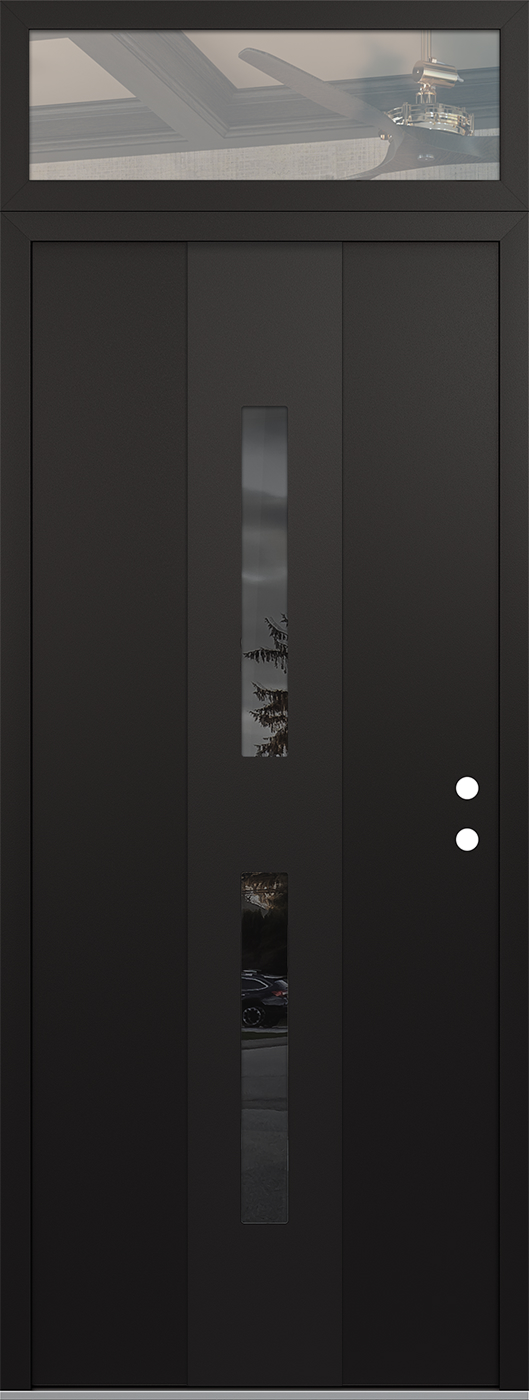 Modern Steel Front Door DIAMOND A6 36" X 96" BLACK/BLACK MIRRORED GLASS PANEL BLACK LHI WITH TRANSOM CLEAR GLASS