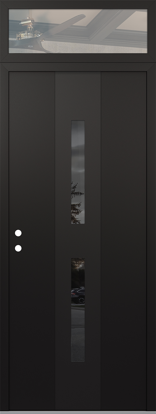 Modern Steel Front Door DIAMOND A6 36" X 96" BLACK/BLACK MIRRORED GLASS PANEL BLACK RHI WITH TRANSOM CLEAR GLASS