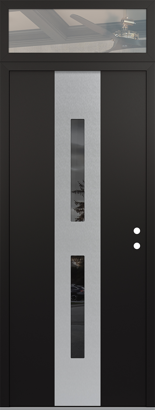 Modern Steel Front Door DIAMOND A6 36" X 96" BLACK/BLACK MIRRORED GLASS PANEL STAINLESS STEEL LHI WITH TRANSOM CLEAR GLASS