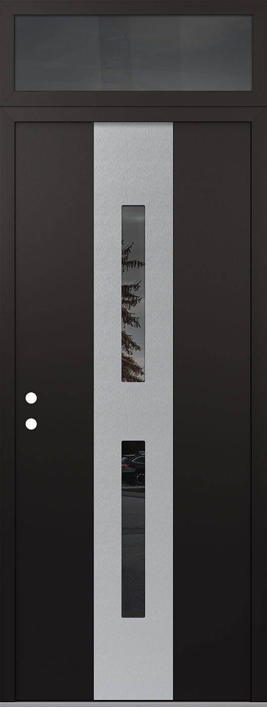 Modern Steel Front Door DIAMOND A6 36" X 96" BLACK/BLACK MIRRORED GLASS PANEL STAINLESS STEEL RHI WITH TRANSOM MIRRORED GLASS