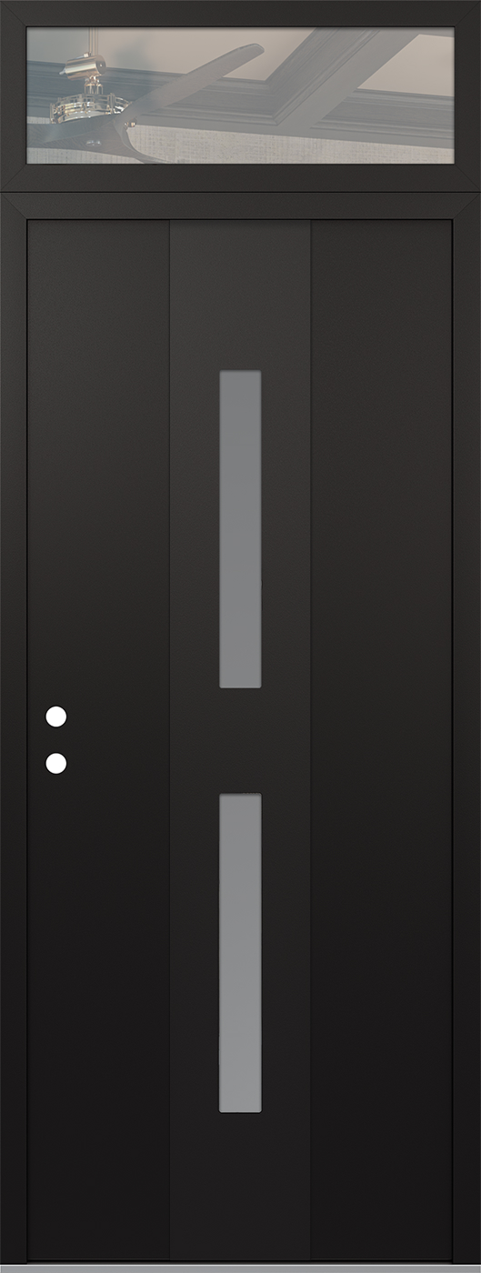 Modern Steel Front Door DIAMOND A6 36" X 96" BLACK/WHITE FROSTED GLASS PANEL BLACK RHI WITH TRANSOM CLEAR GLASS