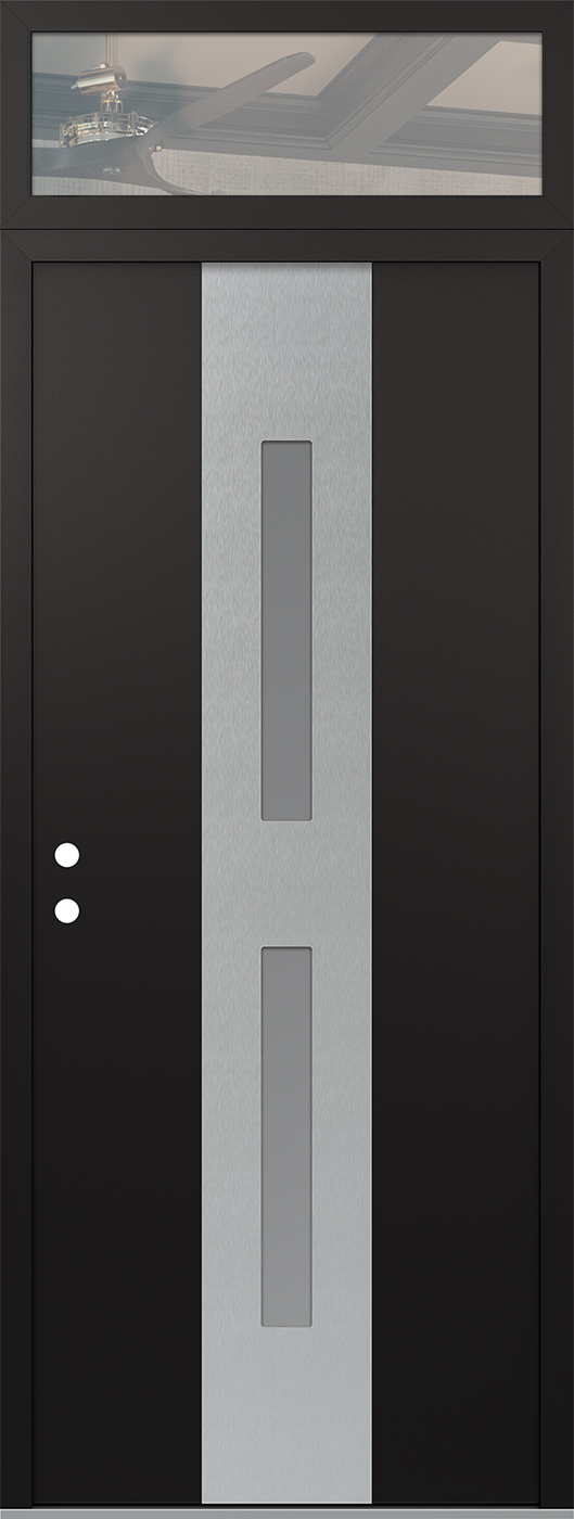 Modern Steel Front Door DIAMOND A6 36" X 96" BLACK/WHITE FROSTED GLASS PANEL STAINLESS STEEL RHI WITH TRANSOM CLEAR GLASS