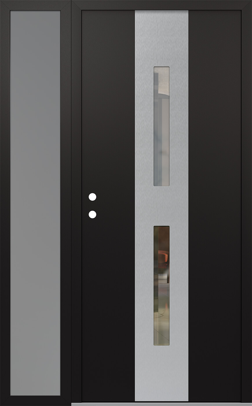 Modern Steel Front Door DIAMOND A6 48" X 80" BLACK/BLACK CLEAR GLASS PANEL STAINLESS STEEL RHI WITH SIDELITE FROSTED GLASS