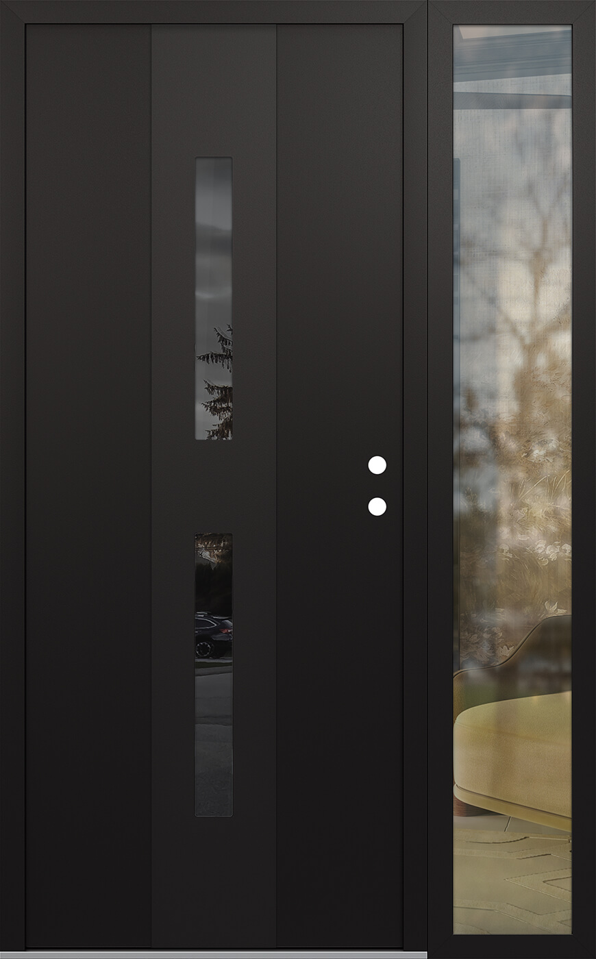 Modern Steel Front Door DIAMOND A6 48" X 80" BLACK/BLACK MIRRORED GLASS PANEL BLACK LHI WITH SIDELITE CLEAR GLASS