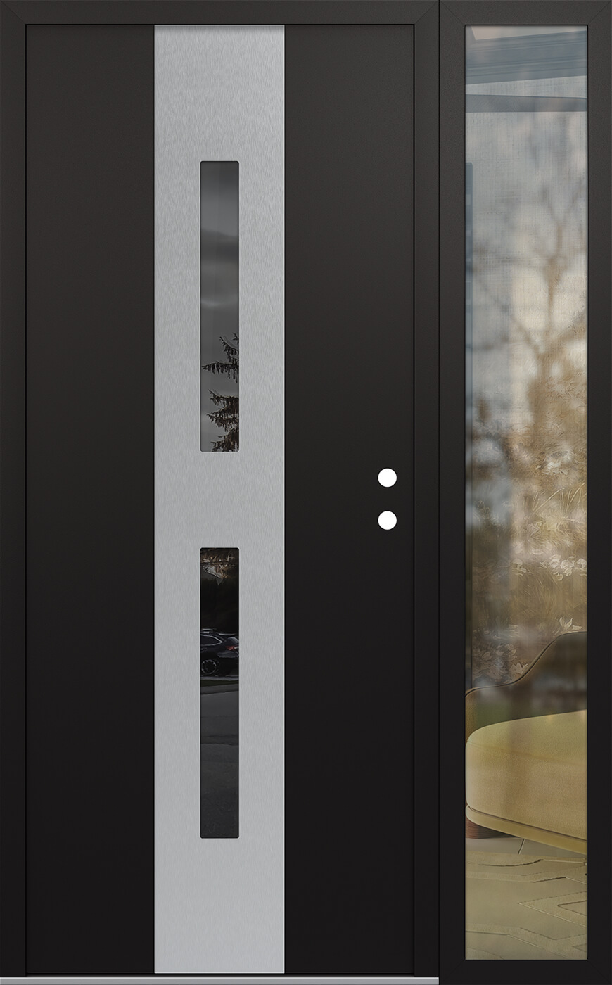 Modern Steel Front Door DIAMOND A6 48" X 80" BLACK/BLACK MIRRORED GLASS PANEL STAINLESS STEEL LHI WITH SIDELITE CLEAR GLASS