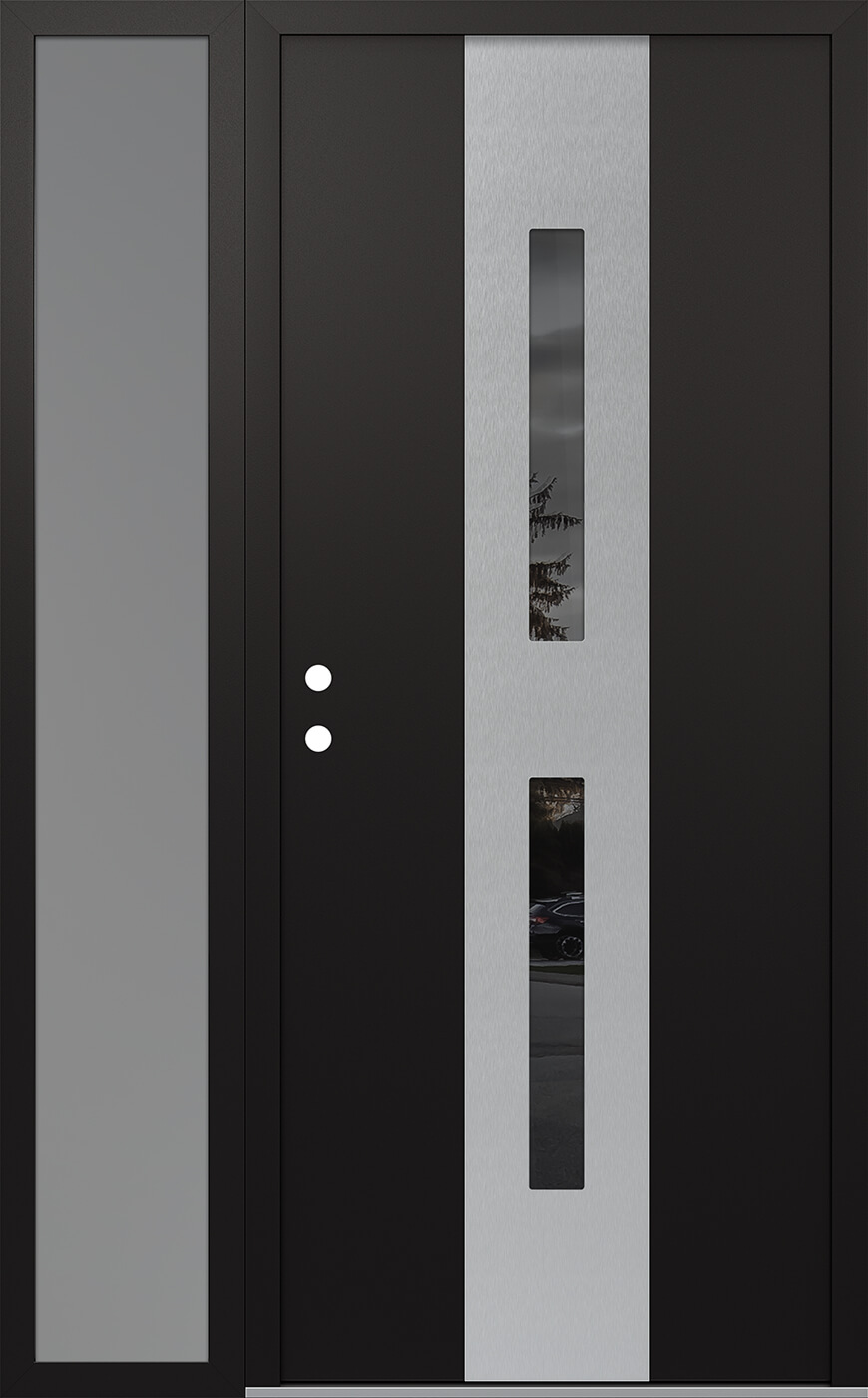 Modern Steel Front Door DIAMOND A6 48" X 80" BLACK/BLACK MIRRORED GLASS PANEL STAINLESS STEEL RHI WITH SIDELITE FROSTED GLASS