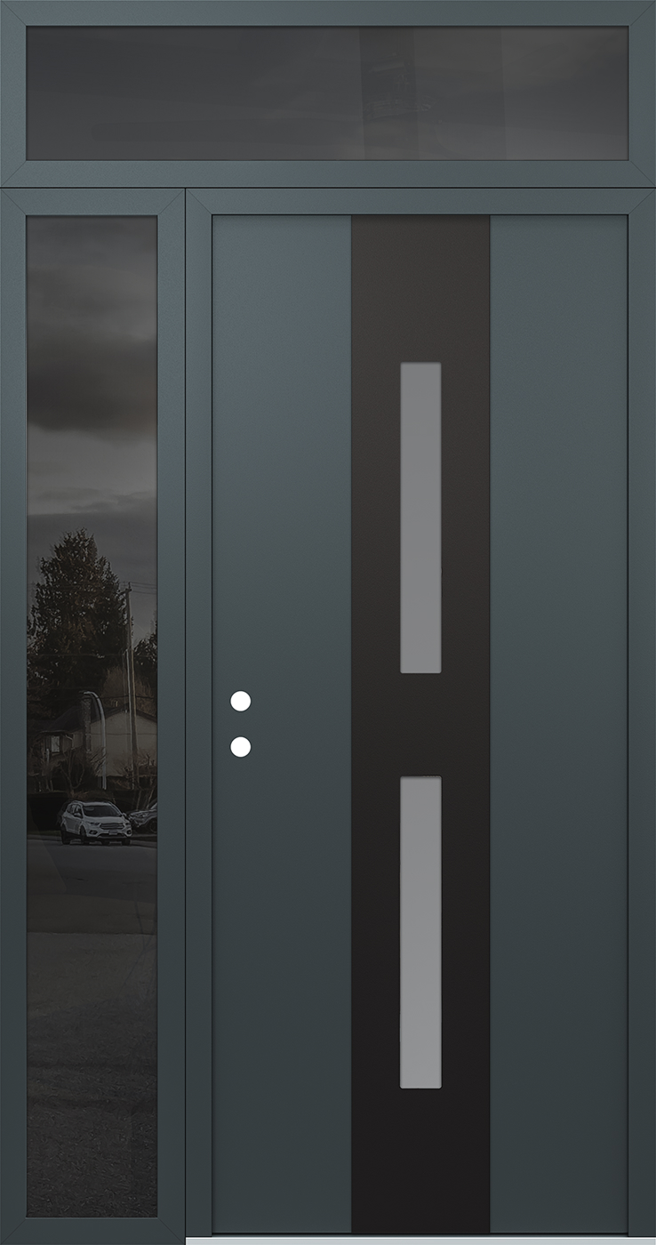 Modern Steel Front Door DIAMOND A6 48" X 96" ANTHRACITE/ANTHRACITE FROSTED GLASS PANEL BLACK RHI WITH SIDELITE AND TRANSOM MIRRORED GLASS