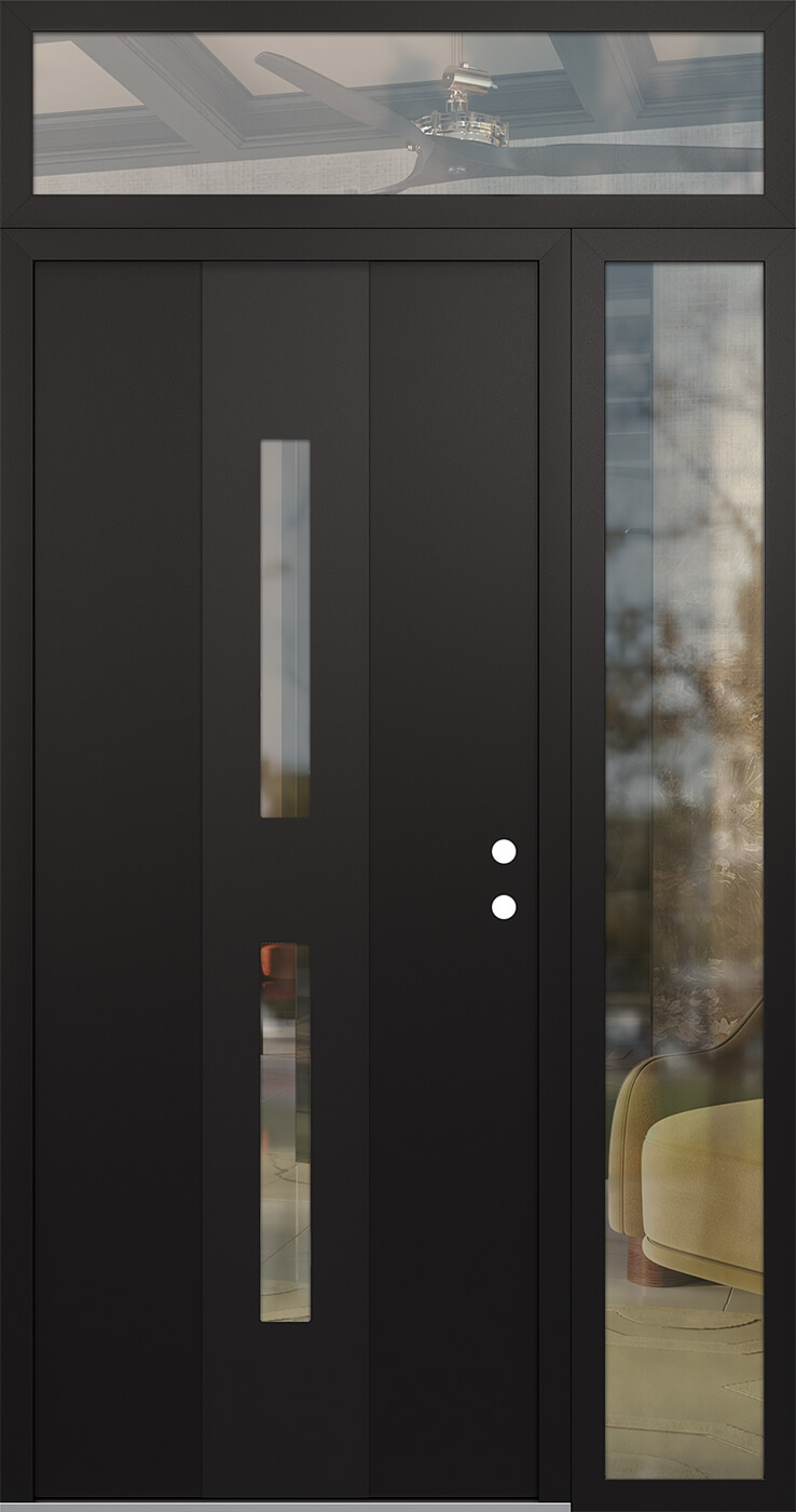 Modern Steel Front Door DIAMOND A6 48" X 96" BLACK/BLACK CLEAR GLASS PANEL BLACK LHI WITH SIDELITE AND TRANSOM CLEAR GLASS