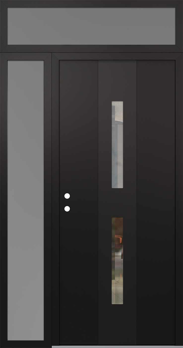 Modern Steel Front Door DIAMOND A6 48" X 96" BLACK/BLACK CLEAR GLASS PANEL BLACK RHI WITH SIDELITE AND TRANSOM FROSTED GLASS