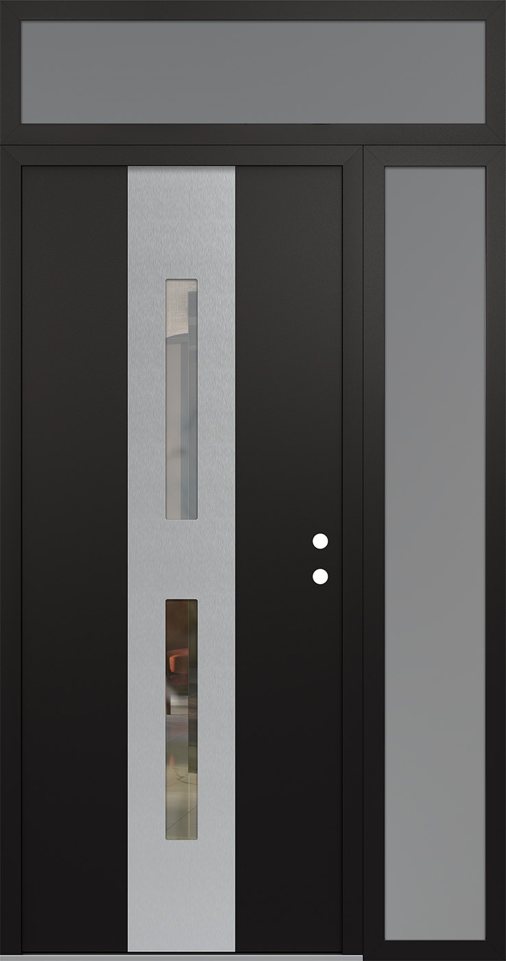 Modern Steel Front Door DIAMOND A6 48" X 96" BLACK/BLACK CLEAR GLASS PANEL STAINLESS STEEL LHI WITH SIDELITE AND TRANSOM FROSTED GLASS