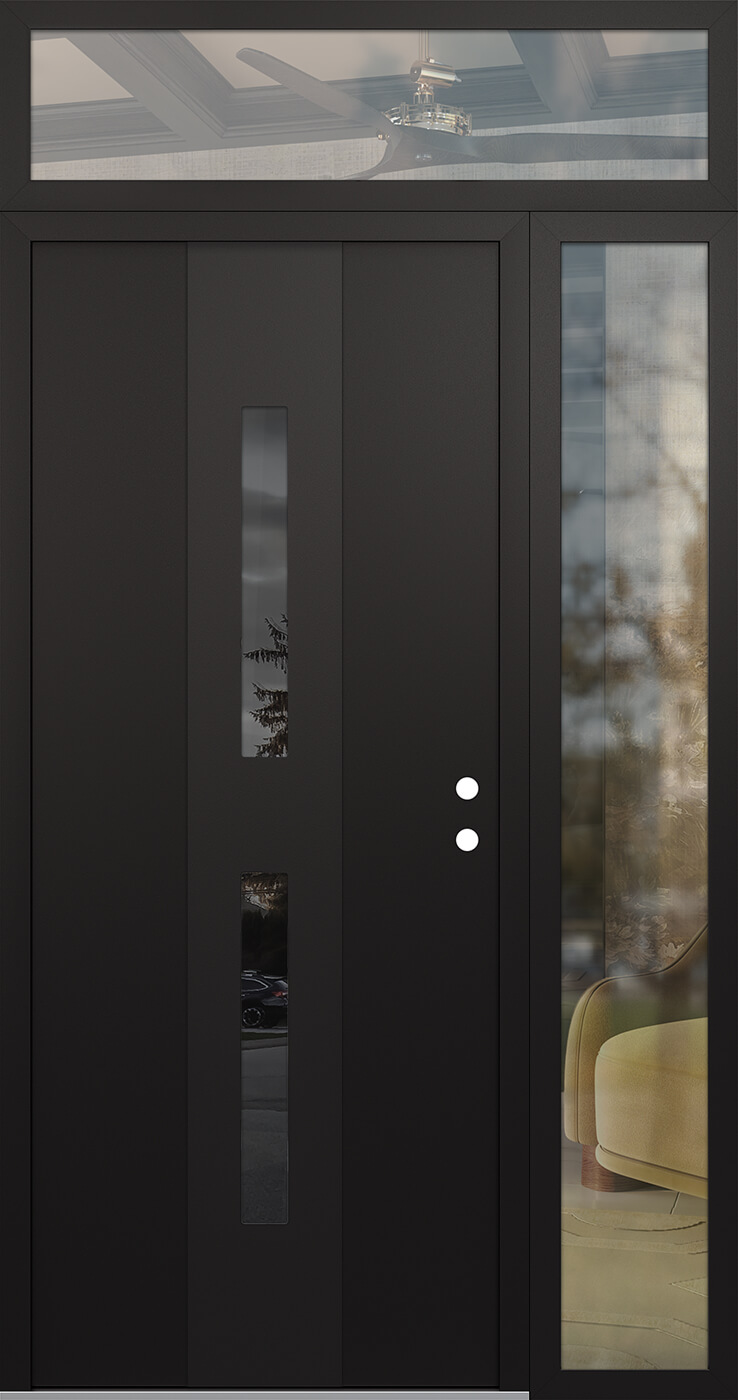 Modern Steel Front Door DIAMOND A6 48" X 96" BLACK/BLACK MIRRORED GLASS PANEL BLACK LHI WITH SIDELITE AND TRANSOM CLEAR GLASS