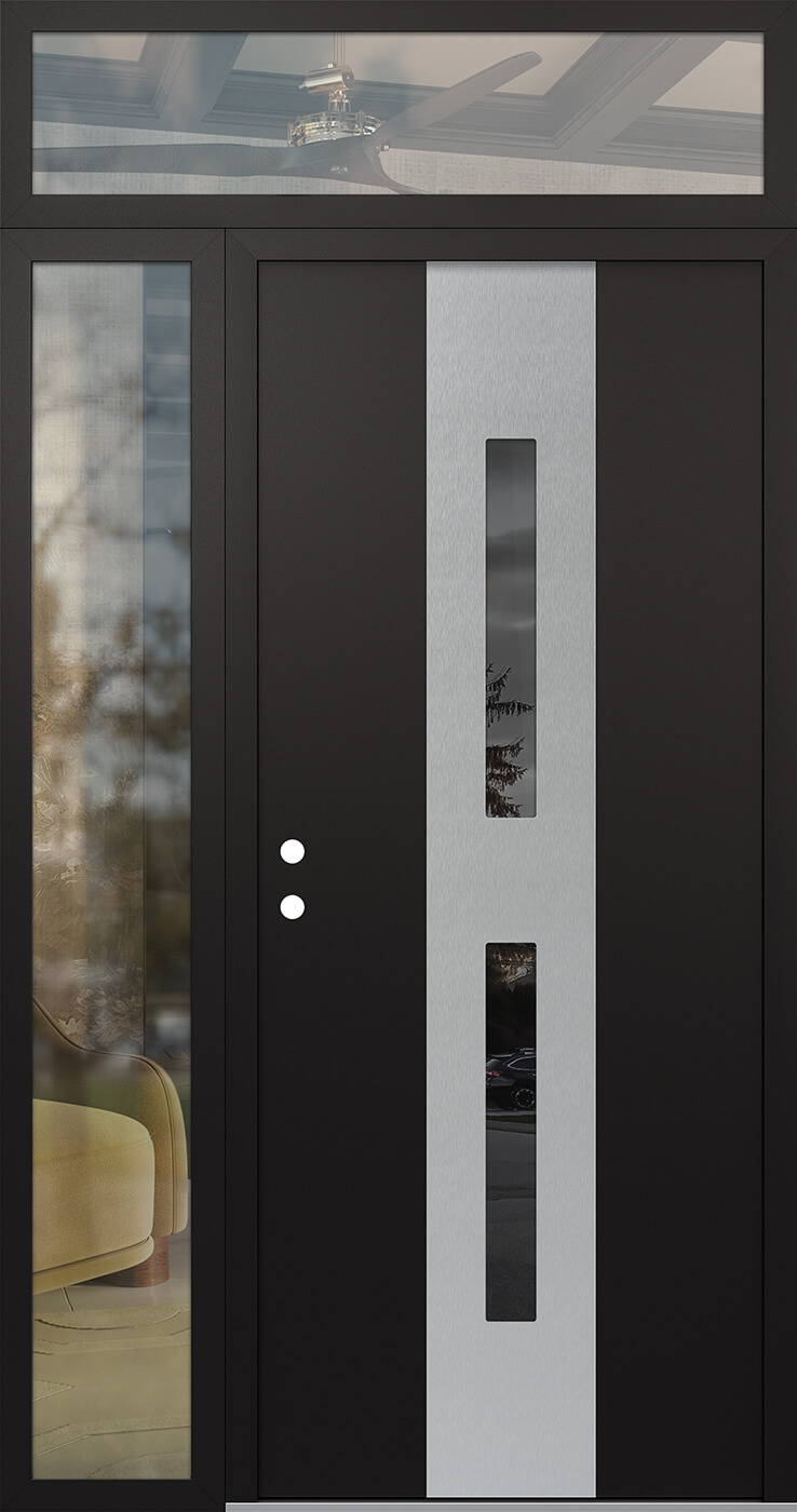 Modern Steel Front Door DIAMOND A6 48" X 96" BLACK/BLACK MIRRORED GLASS PANEL STAINLESS STEEL RHI WITH SIDELITE AND TRANSOM CLEAR GLASS